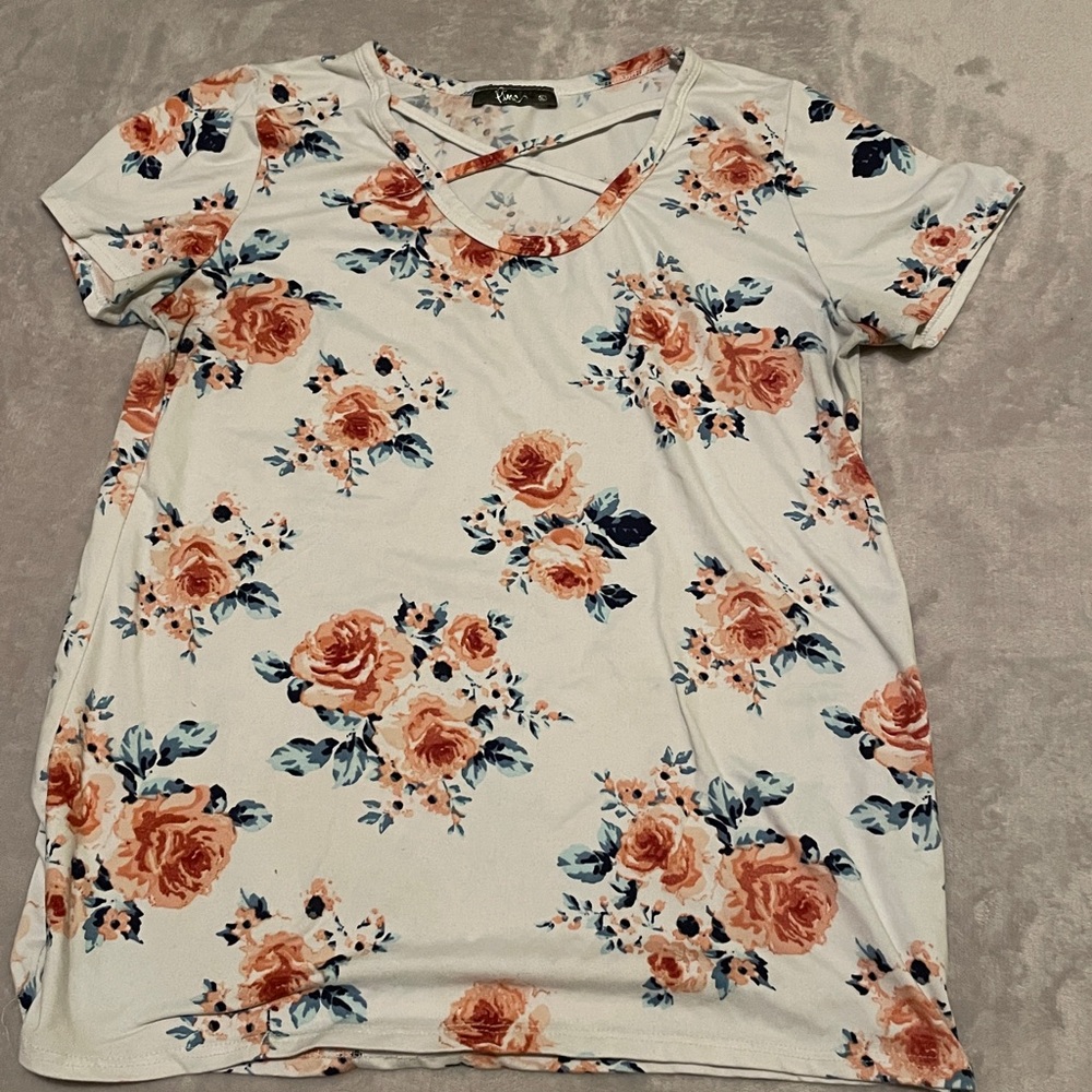 White and Pink Floral Shirt with Cross Cut Out Front